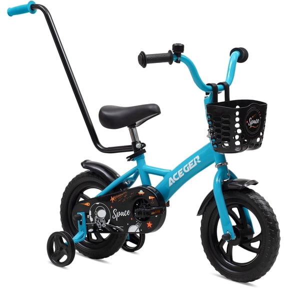 ACEGER 12 Inch Kids Bike with Basket and Push Handle, No Brake, Toddler Bicycle for Boys and Girls Ages 2–5, Sky Blue