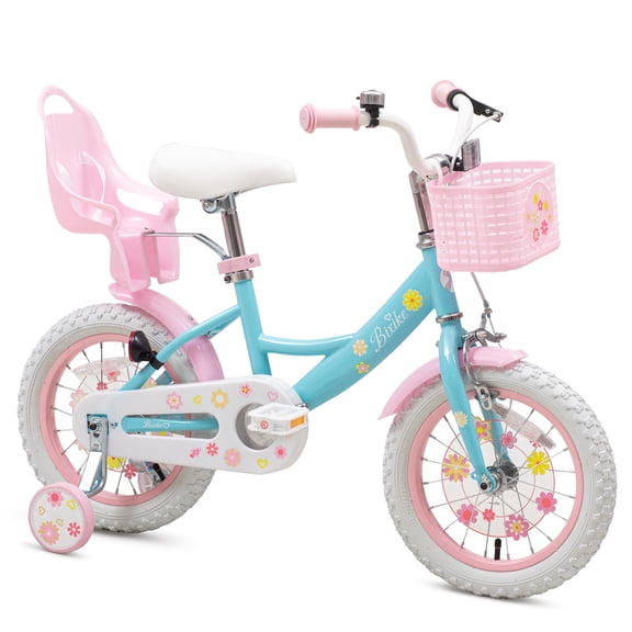 ACEGER 14 Inch Girls Bike with Basket, Training Wheels, and Doll Seat, Princess Style for Ages 3-5, Pink&Blue