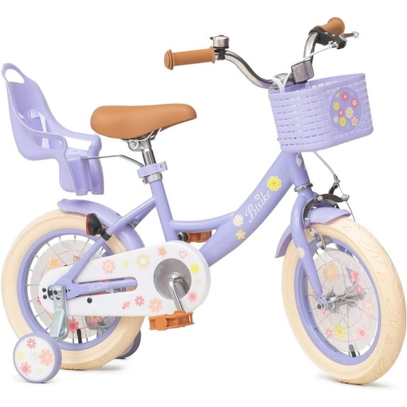 ACEGER 14 Inch Girls Bike with Basket, Training Wheels, Doll Seat, Purple Kids Bicycle for Ages 3-5