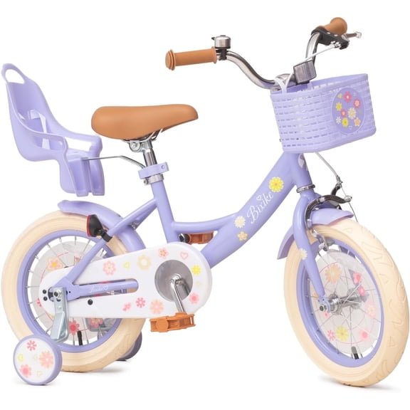 ACEGER 14 Inch Girls Bike with Basket, Training Wheels, Doll Seat, Purple Kids Bicycle for Ages 3-5