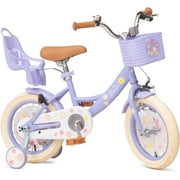 ACEGER 14 Inch Girls Bike with Basket, Training Wheels, Doll Seat, Purple Kids Bicycle for Ages 3-5