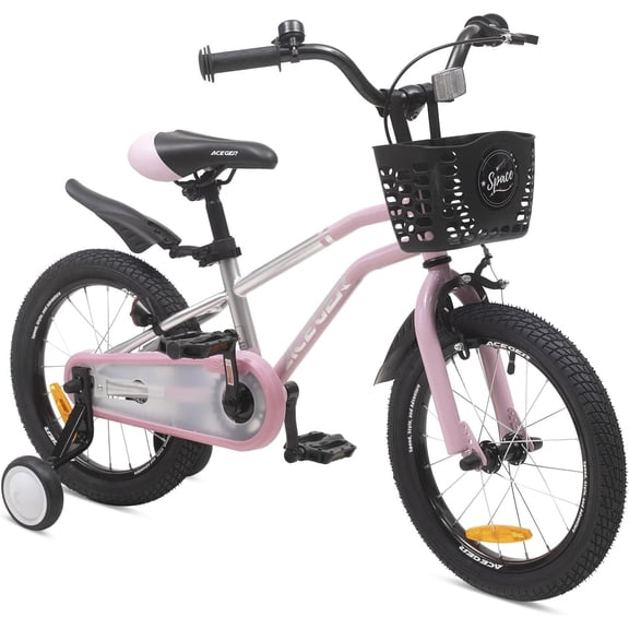 ACEGER 14 Inch Girls Bike with Basket and Training Wheels for Ages 4-7, Pink