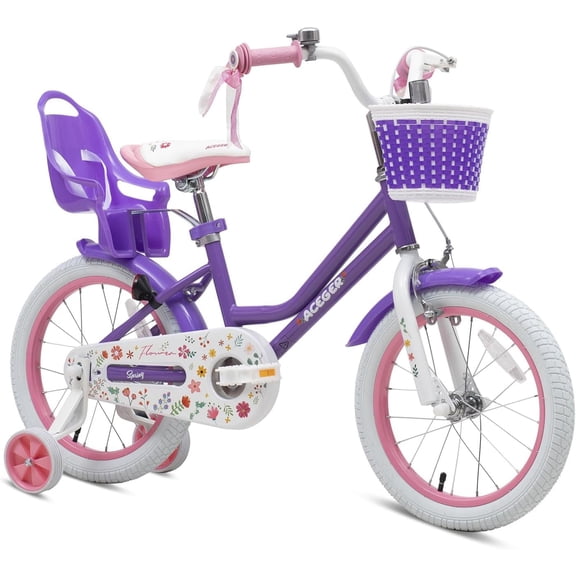 ACEGER 14 Inch Girls Princess Bike with Basket and Training Wheels for Ages 4-7, Purple