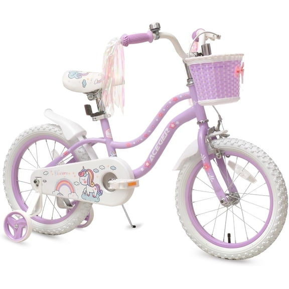 ACEGER 16 Inch Girls Bike with Basket and Training Wheels, Unicorn Style for Ages 5-9, Purple