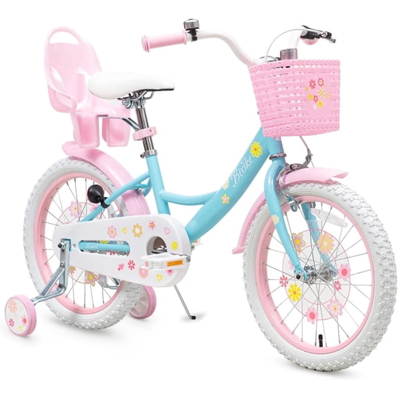 ACEGER 16 Inch Girls Bike with Basket, Training Wheels, and Doll Seat, Princess Style for Ages 4-8, Pink&Blue