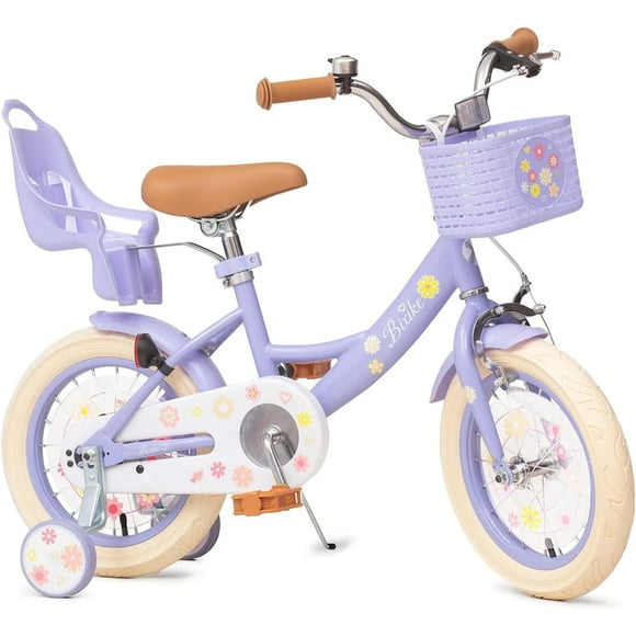 ACEGER 16 Inch Girls Bike with Basket, Training Wheels, and Doll Seat, Princess Style for Ages 4-8, Purple