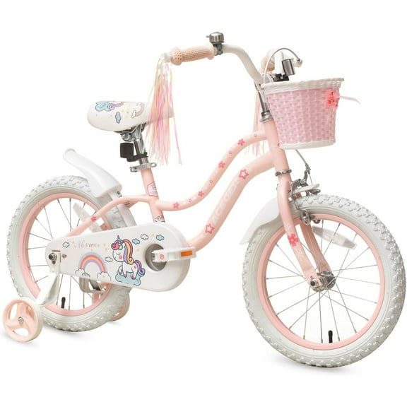ACEGER 18 Inch Girls Bike with Basket and Training Wheels, Unicorn Style for Ages 7-11, Pink