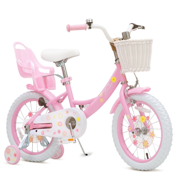 ACEGER 18 Inch Girls Bike with Basket, Training Wheels, and Doll Seat, Princess Style for Ages 9-12, Pink and White