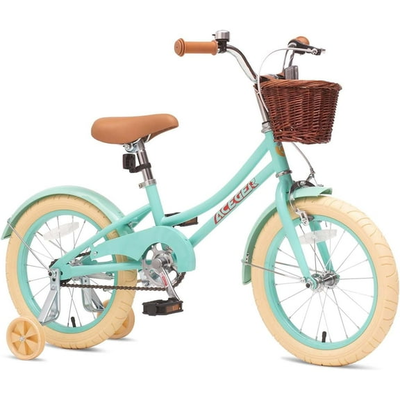 ACEGER 18 Inch Girls Bike with Basket and Training Wheels for Ages 7-12, Green