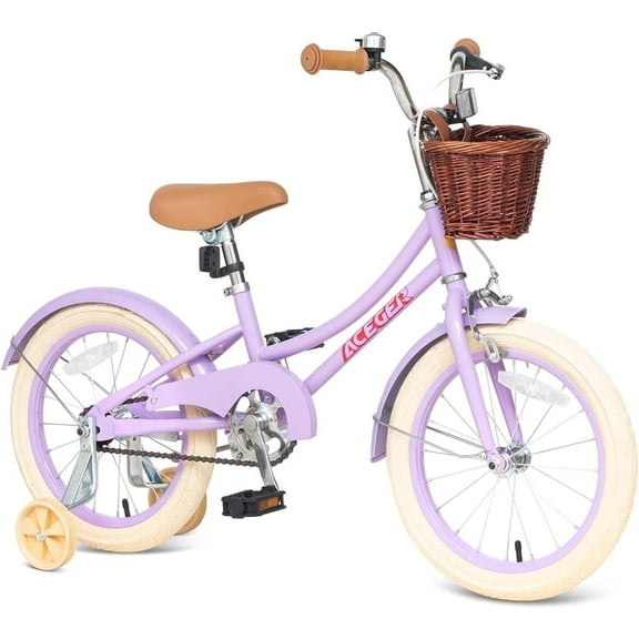 ACEGER 18 Inch Girls Bike with Basket and Training Wheels for Ages 7-12, Purple