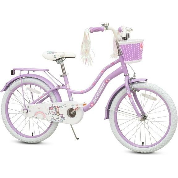 ACEGER 20 Inch Girls Bike with Basket and Kickstand, Unicorn Style for Ages 9-13, Purple
