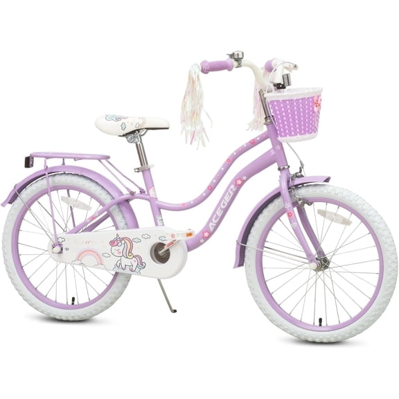 ACEGER 20 Inch Girls Bike with Basket and Kickstand, Unicorn Style for Ages 9-13, Purple