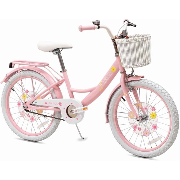 ACEGER 20 Inch Girls Bike with Basket, Kickstand, and Doll Seat, Princess Style for Ages 7+, Pink and White
