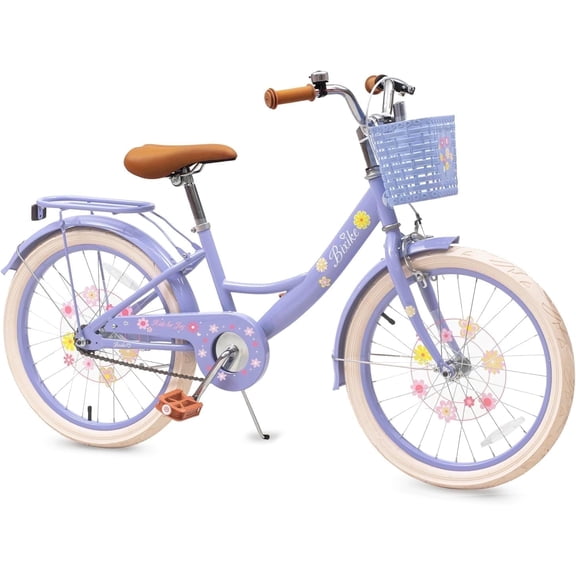 ACEGER 20 Inch Girls Bike with Basket, Kickstand, and Doll Seat, Princess Style for Ages 7+, Purple