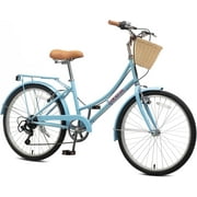 ACEGER 24 inch woman bike, 7 speed bicycle with rattan basket and rear rack, blue