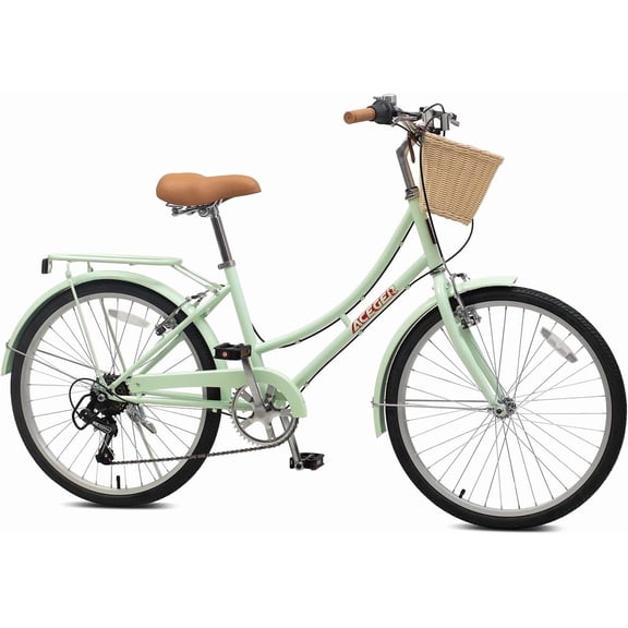 ACEGER 24 inch woman bike, 7 speed bicycle with rattan basket and rear rack, green
