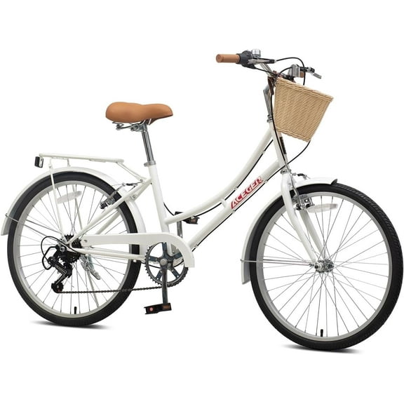 ACEGER 24 inch woman bike, 7 speed bicycle with rattan basket and rear rack, white
