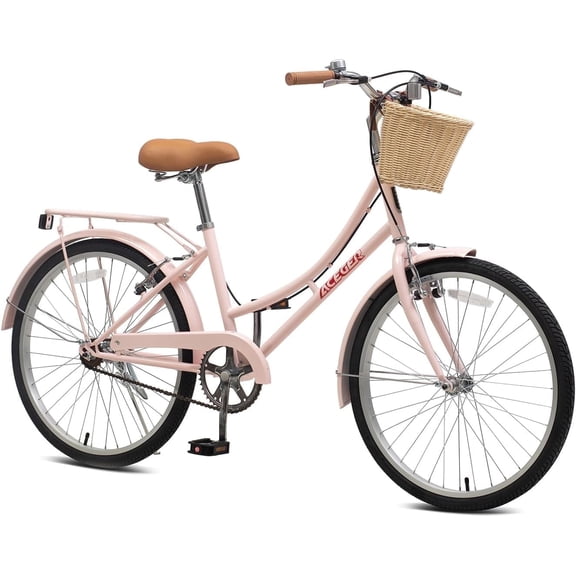ACEGER 24 inch woman bike, single speed bicycle with rattan basket and rear rack, pink