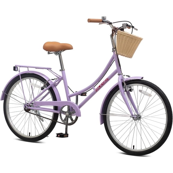 ACEGER 24 inch woman bike, single speed bicycle with rattan basket and rear rack, purple