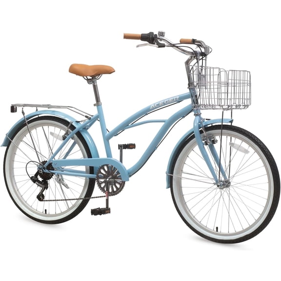 ACEGER 24 inch woman cruiser bike 7 speed bicycle with rattan basket and rear rack, Blue