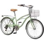 ACEGER 24 inch woman cruiser bike 7 speed bicycle with rattan basket and rear rack, Green