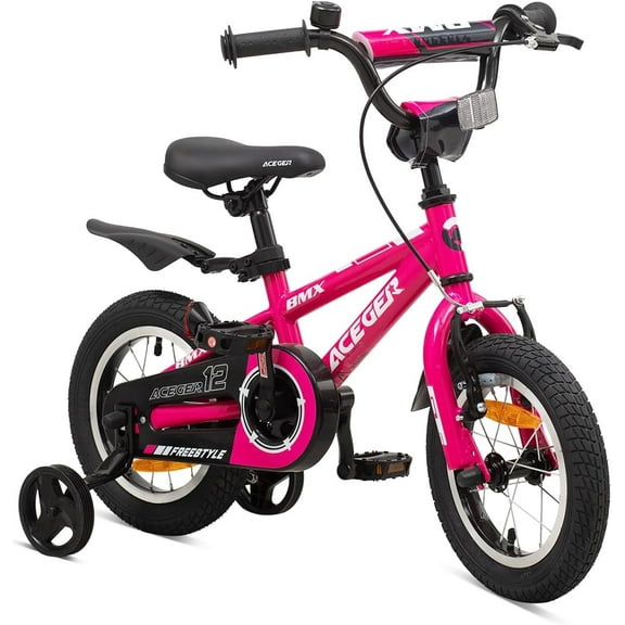 ACEGER MARCO 12 Inch Girls BMX Bike with Training Wheels for Ages 3-5, Rose
