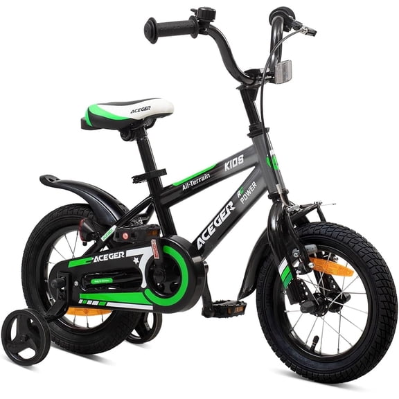 ACEGER Simon 12 Inch Boys Bike with Training Wheels for Ages 3-5, Green
