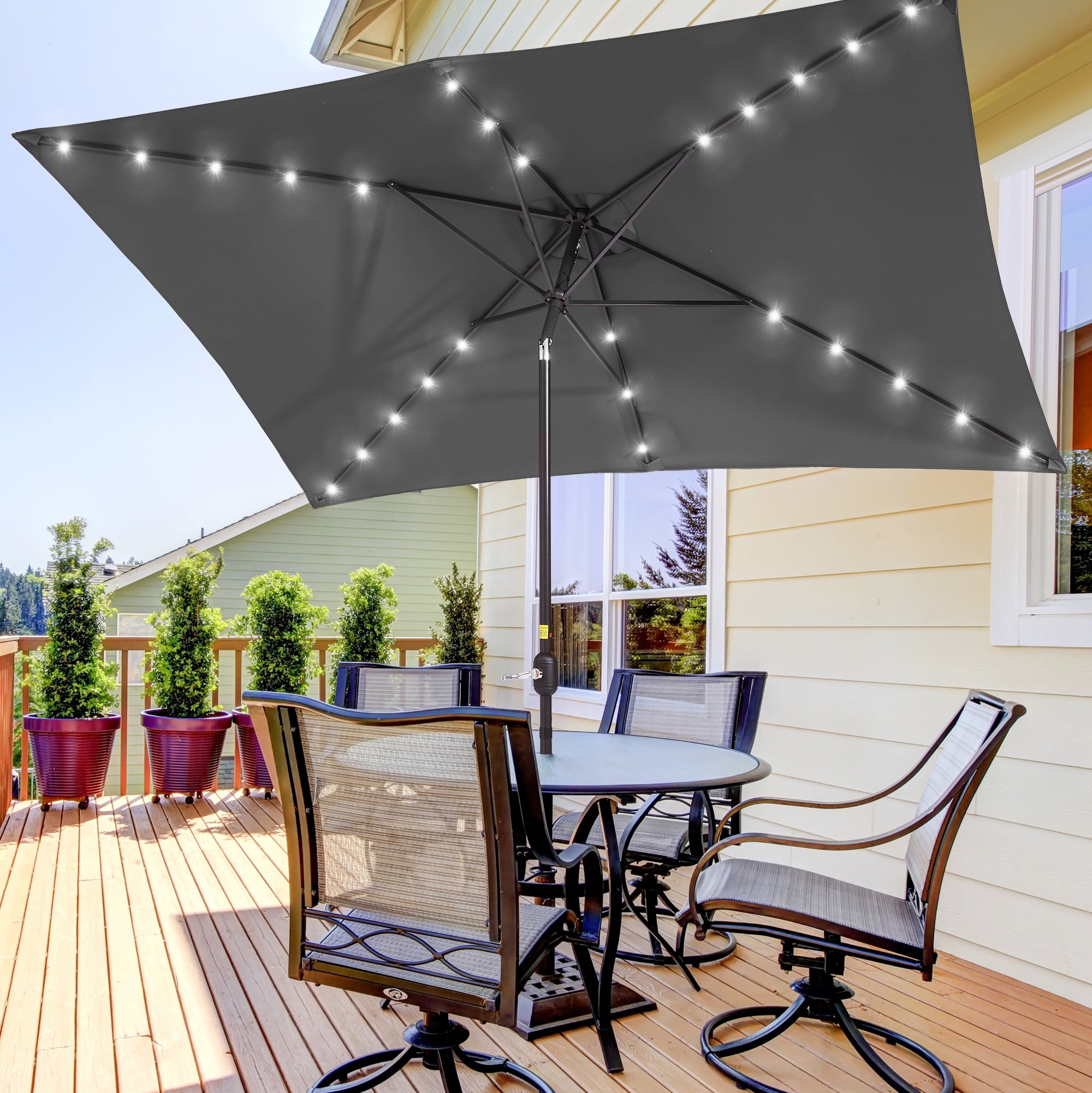 ACEGOSES 10 x 6.5ft LED Rectangle Outdoor Patio Deck Market Outside Table Umbrellas with Non-Fading Polyester Canopy,Cold Gray