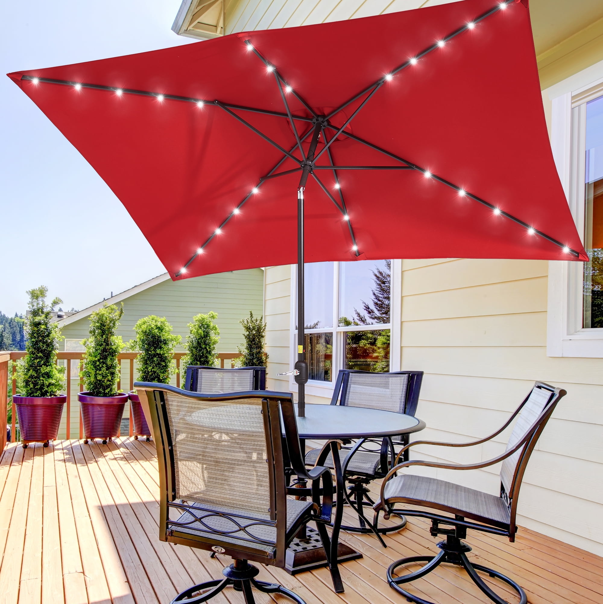 ACEGOSES 10 x 6.5ft LED Rectangle Outdoor Patio Deck Market Outside Table  Umbrellas with Non-Fading Polyester canopy,Red