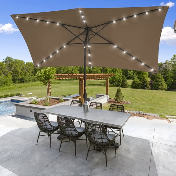 ACEGOSES 10 x 6.5ft LED Solar Outdoor Patio Rectangle Table Umbrellas with Non-Fading Canopy for Garden and Yard,Brown