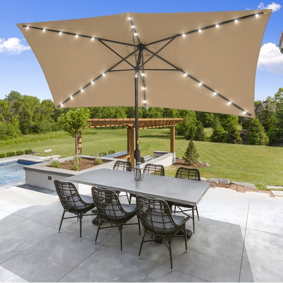 ACEGOSES 10 x 6.5ft LED Solar Outdoor Patio Rectangle Table Umbrellas with Non-Fading Canopy for Garden and Yard,Sand Brown