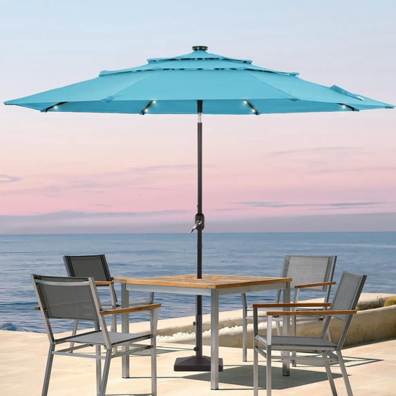 ACEGOSES 10FT LED 3-layer Patio Umbrella with UPF50+, Tilt Function, and Wind-Resistant Design——Experience Outdoor Comfort, Lake Blue