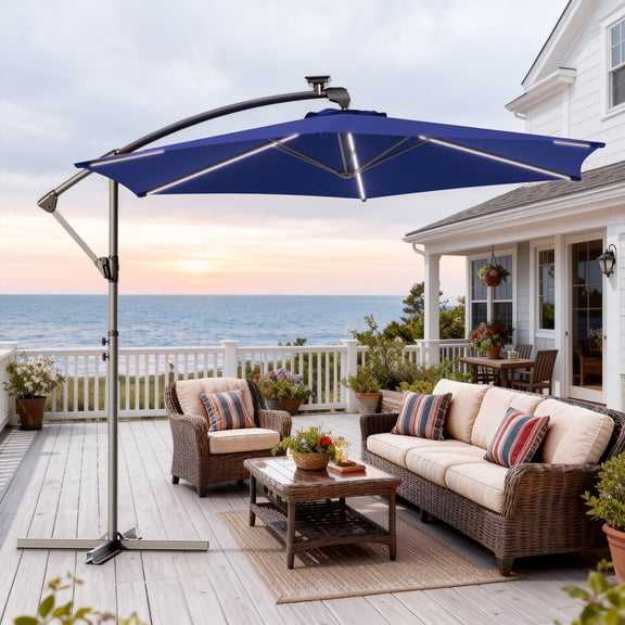 ACEGOSES 10FT Outdoor Patio Hanging Offset Cantilever Umbrella with Solar LED Lights, Cantilever Umbrella with Cross Base, Navy Blue