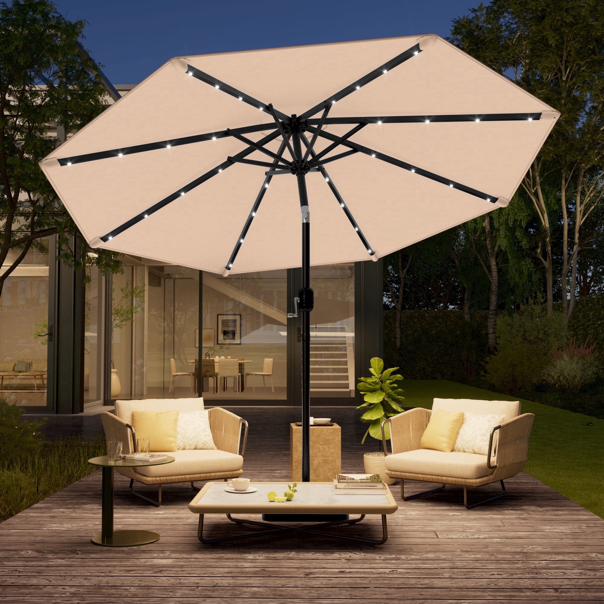 ACEGOSES 10Ft Solar-powered Large Round Outdoor Patio Market Umbrella with Crank, Beige