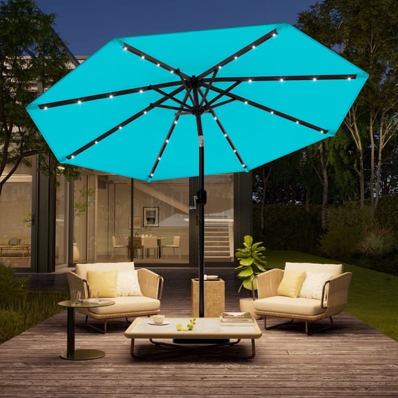 ACEGOSES 10Ft Solar-powered Large Round Outdoor Patio Market Umbrella with Crank, Lake Blue