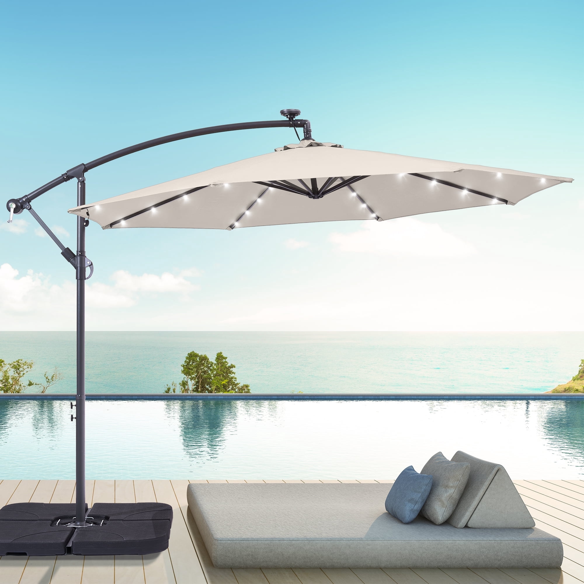 ACEGOSES 10ft 32 LED Outdoor Patio offset Umbrella, Solar Lighted Hanging Umbrella with 8 Ribs for Desk,Garden,Yard, Beige