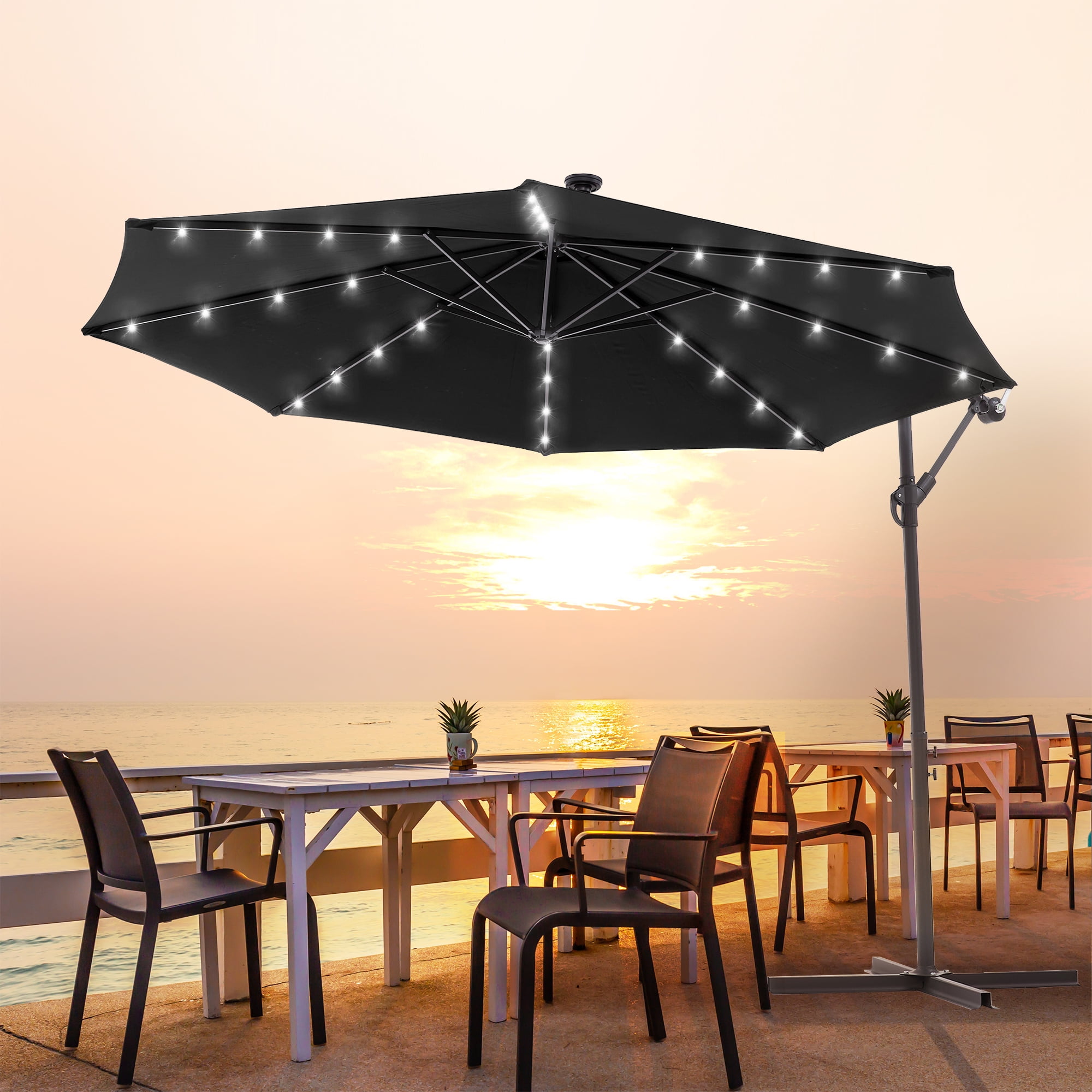 ACEGOSES 10ft 32 LED Outdoor Patio offset Umbrella, Solar Lighted Hanging Umbrella with 8 Ribs