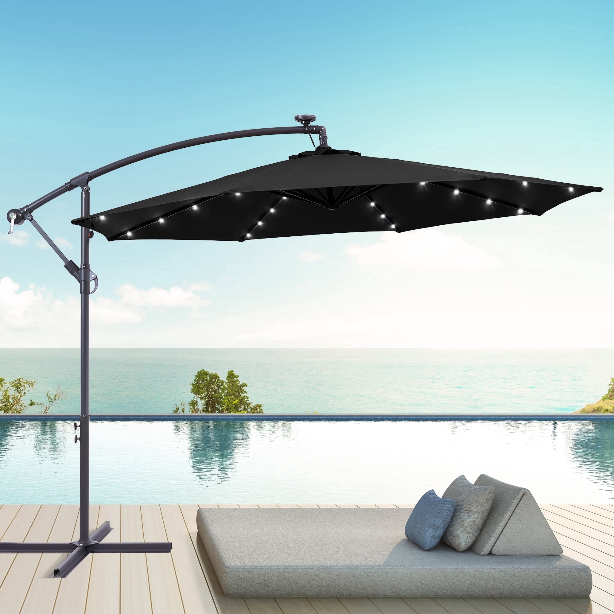 ACEGOSES 10ft 32 LED Outdoor Patio Offset Umbrella, Solar Lighted Hanging Umbrella with 8 Ribs for Desk,Garden,Yard,Black
