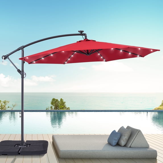 ACEGOSES 10ft 32 LED Outdoor Patio offset Umbrella, Solar Lighted Hanging Umbrella with 8 Ribs for Desk,Garden,Yard,Red