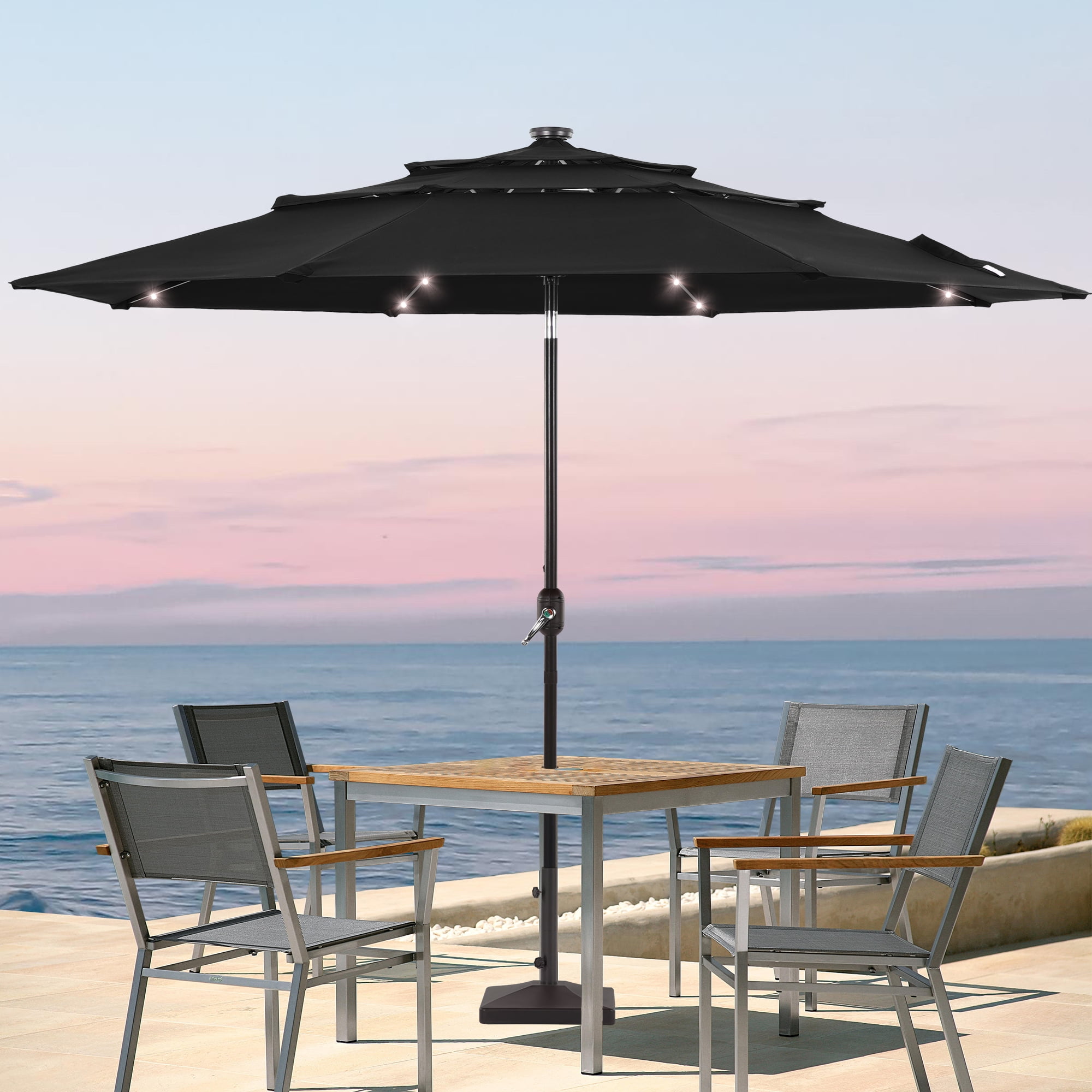 ACEGOSES 10ft LED 3 Tiers Patio Market Umbrella Outdoor with Ventilation for Garden, Deck and Pool,Black