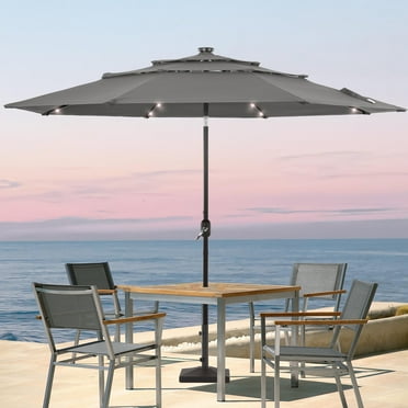 ACEGOSES 10ft LED 3 Tiers Patio Market Umbrella Outdoor with Ventilation for Garden, Deck and Pool,Gray