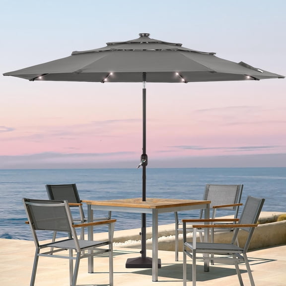 ACEGOSES 10ft LED 3 Tiers Patio Market Umbrella Outdoor with Ventilation for Garden, Deck and Pool,Gray