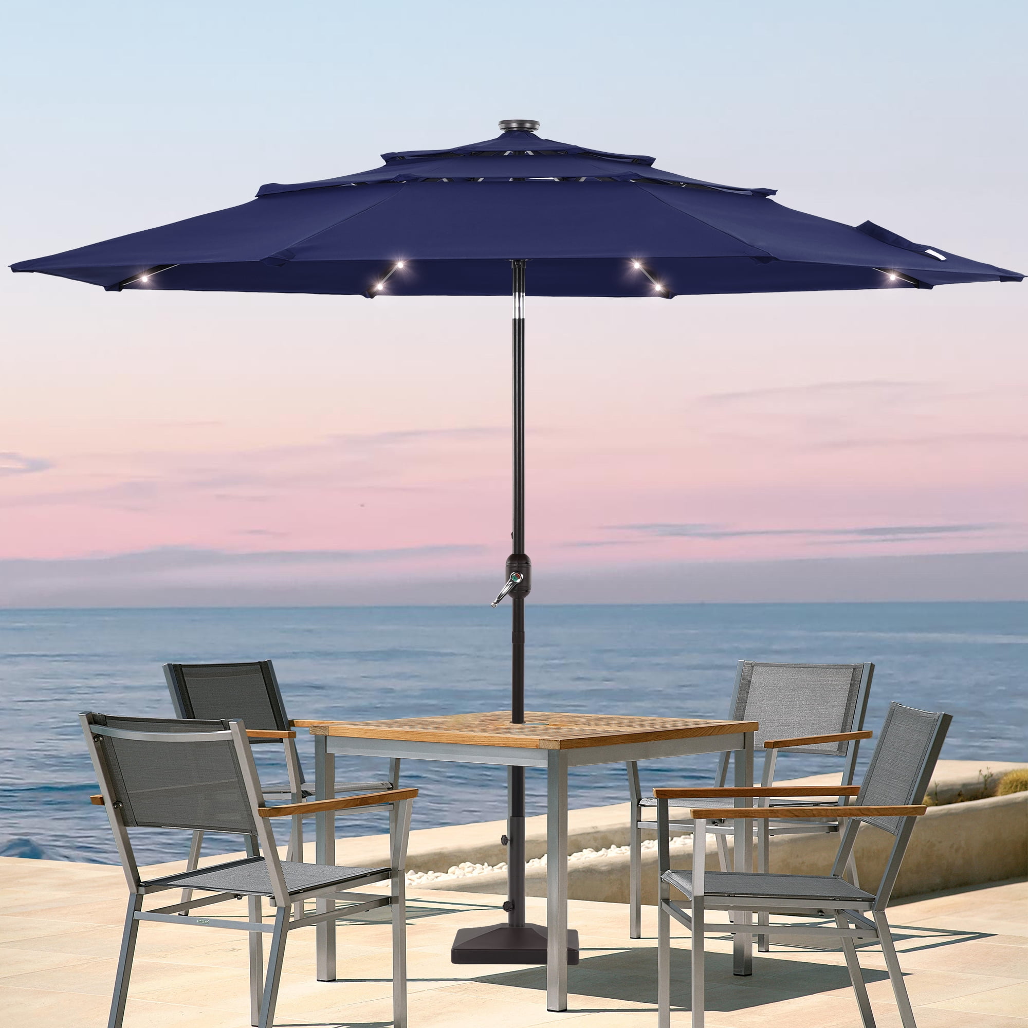 ACEGOSES 10ft LED 3 Tiers Patio Market Umbrella Outdoor with Ventilation for Garden, Deck and Pool,Navy Blue