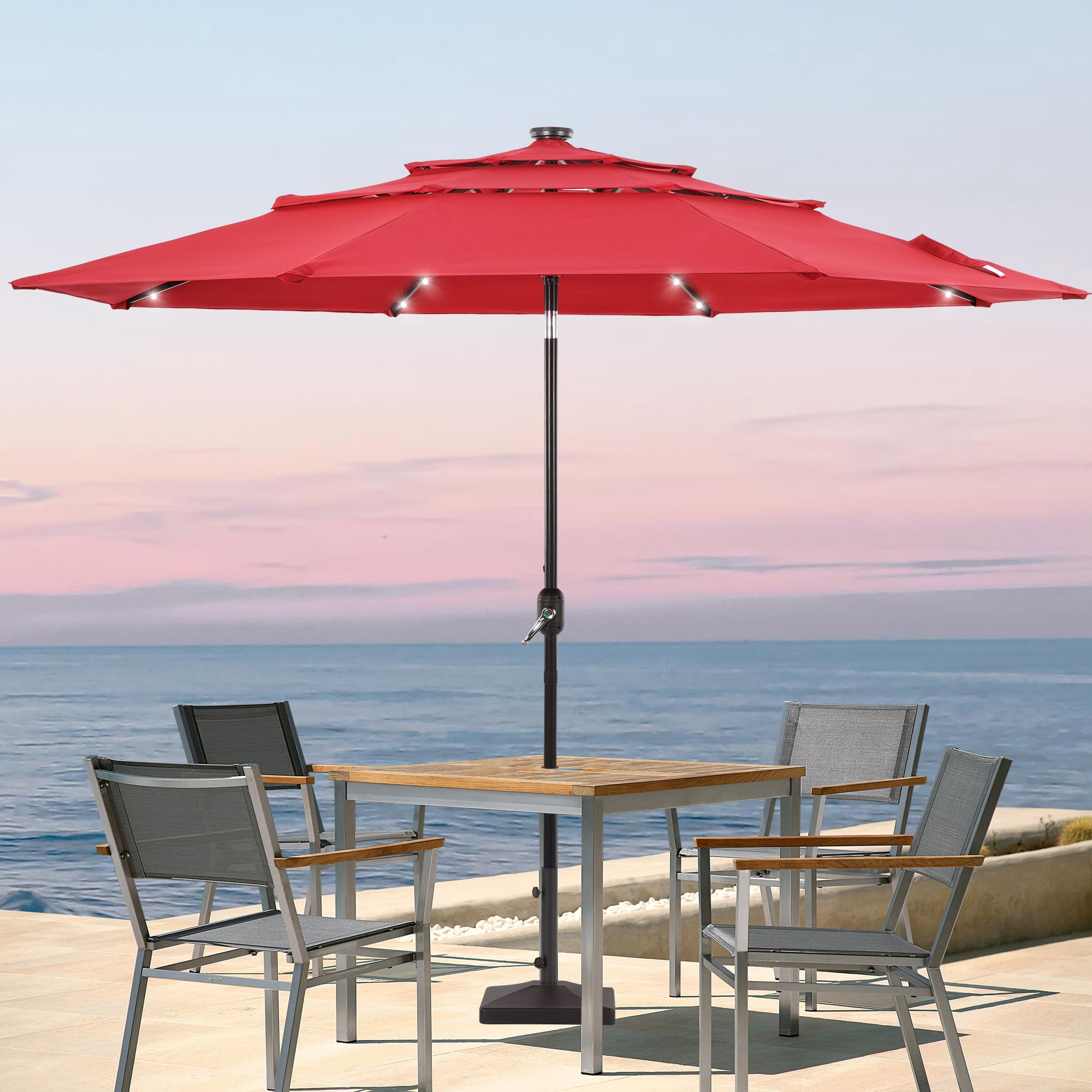 ACEGOSES 10ft LED 3 Tiers Patio Market Umbrella Outdoor with Ventilation for Garden, Deck and Pool,Red