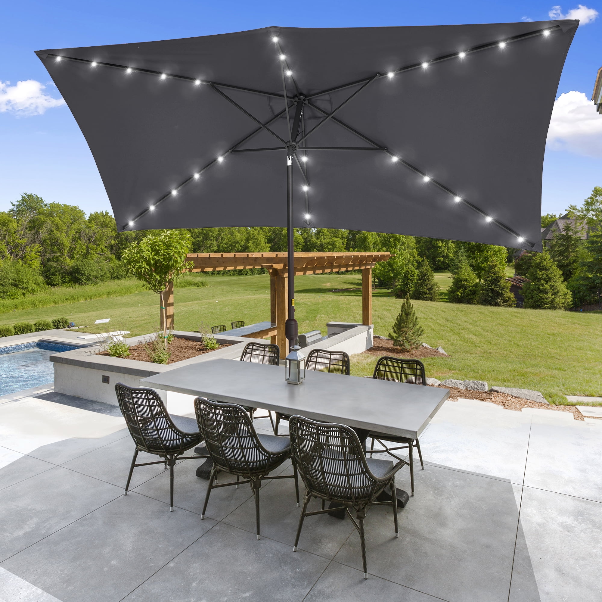 ACEGOSES 10x 6.5ft LED Solar Outdoor Patio Rectangle Table Umbrellas with Non-Fading Canopy for Garden and Yard,Anthracite