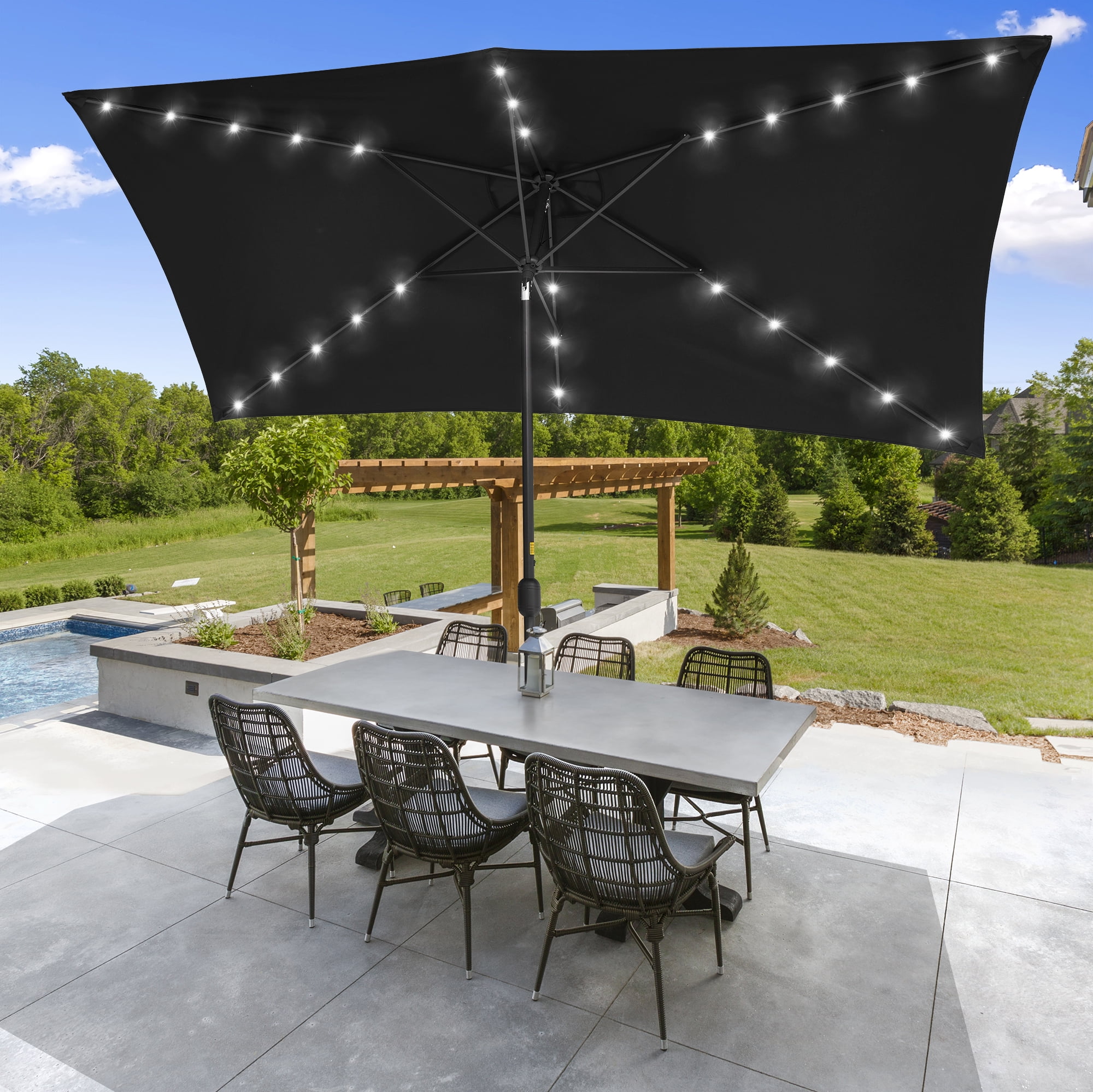 ACEGOSES 10x 6.5ft LED Solar Outdoor Patio Rectangle Table Umbrellas with Non-Fading Canopy for Garden and Yard,Black