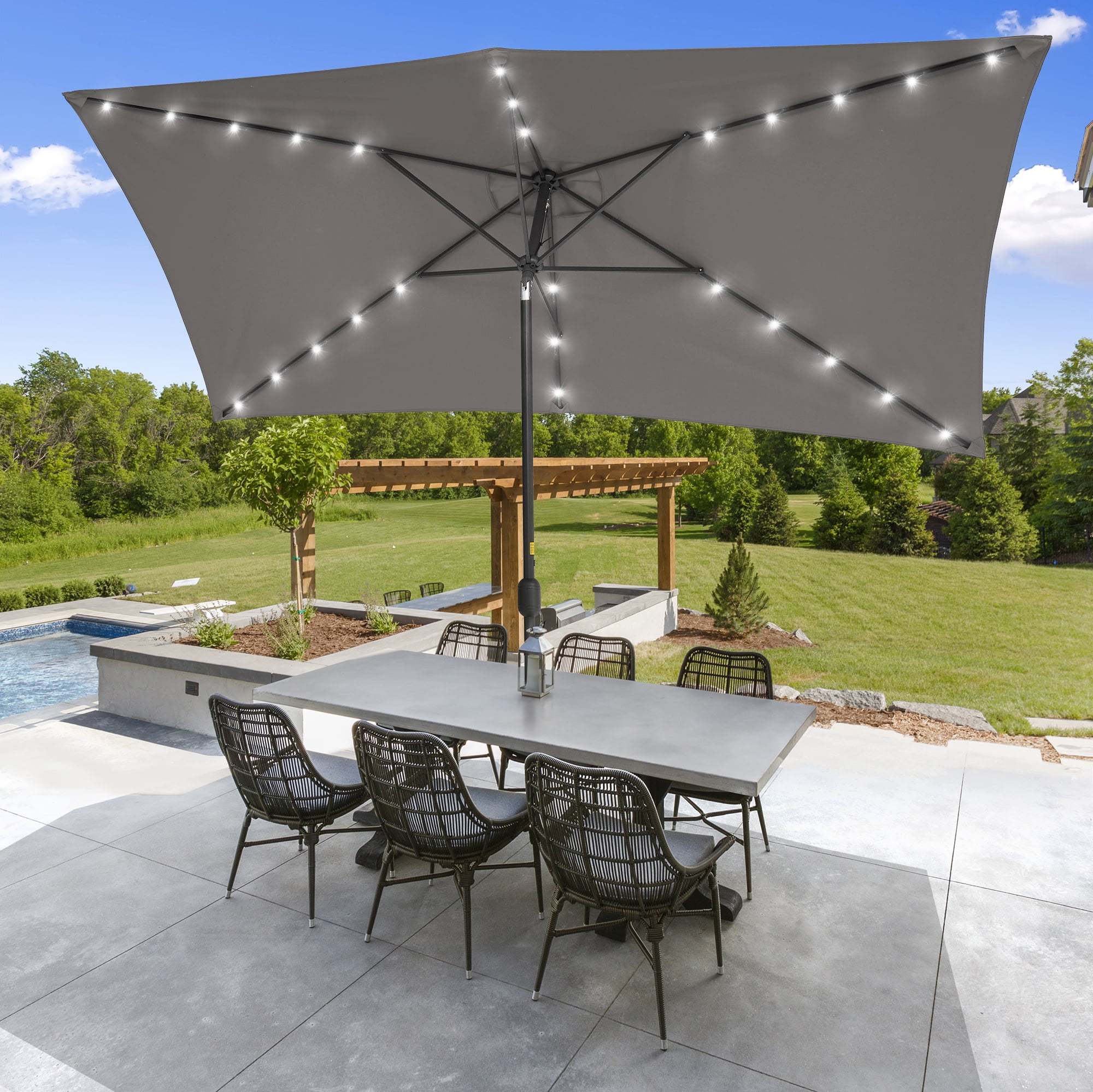 ACEGOSES 10x 6.5ft LED Solar Outdoor Patio Rectangle Table Umbrellas with Non-Fading Canopy for Garden and Yard,Gray
