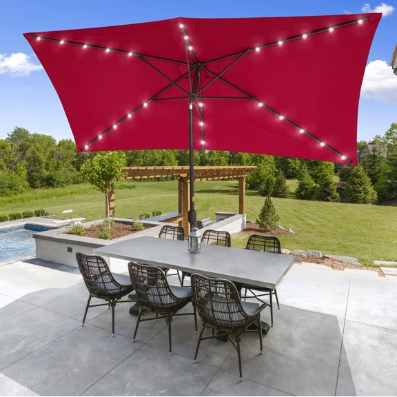 ACEGOSES 10x 6.5ft LED Solar Outdoor Patio Rectangle Table Umbrellas with Non-Fading Canopy for Garden and Yard,Red