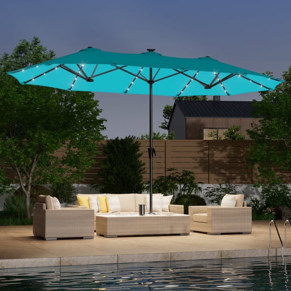 ACEGOSES 13x7.2Ft Large LED Double-Sided Rectangular Outdoor Patio Market Umbrella with Crank, Solar Panel, Lake Blue