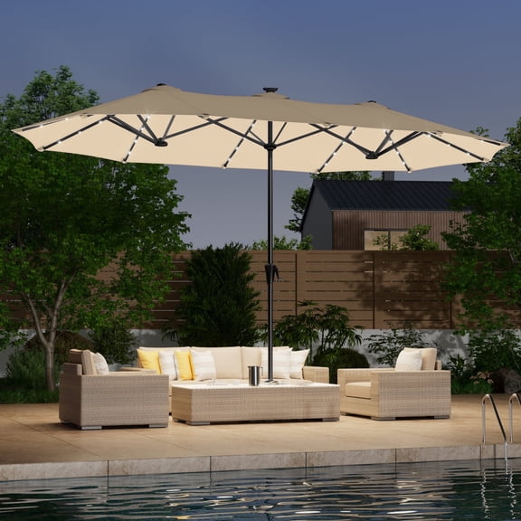 ACEGOSES 13x7.2Ft Large LED Double-Sided Rectangular Outdoor Patio Market Umbrella with Crank, Solar Panel, Sand